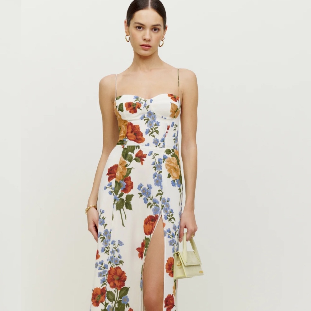Reformation Floral Dress - White with Red and Blue Accents